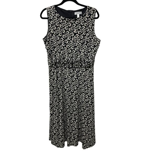 DressBarn Ditsy Floral Print Ruched Sleeveless Midi A-Line Dress Womens Plus 16 - Picture 1 of 11